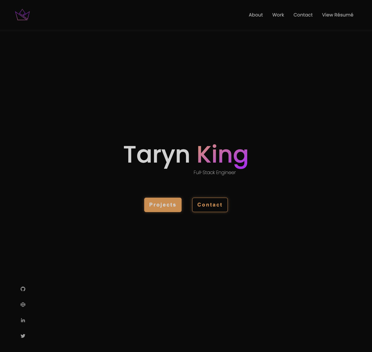 Black landing page with "Taryn King" title text in orange and purple gradient